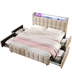Lit Double 140x200 cm Modenvie avec 4 tiroirs et LED Beige pas cher