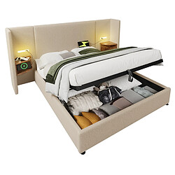 Lit Coffre 180x200 cm Modenvie avec rangement et lampe USB Type C Beige pas cher