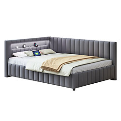 Canapé-lit d'angle Modenvie 140x200 cm avec LED et USB en velours gris pas cher