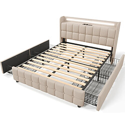 Acheter Lit Double 140x200 cm Modenvie avec 4 tiroirs et LED Beige