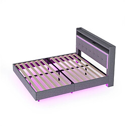 Lit Double 140x200 cm Modenvie LED et USB en tissu en lin gris pas cher