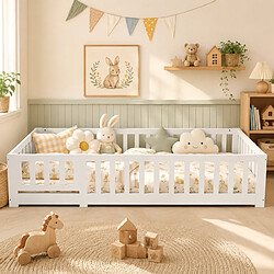 Avis MEXUS Lit Enfant 90x200 cm, Lit au Sol avec Barrière de Sécurité, pour Garçons et Filles, Blanc