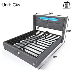 Avis Lit Coffre 140x200 cm Modenvie avec LED et USB sans matelas gris