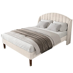 Lit Double Modenvie 140x190 cm avec sommier à lattes et tête de lit - Beige pas cher