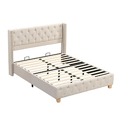 Acheter Lit Double capitonné Modenvie 140x190 cm en lin beige avec rivets