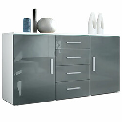 MPC Meuble Gris Haute Brillance Meuble moderne - Panneaux agglomérés et MDF - Blanc et gris - 72 x 139 x 35 cm - 2 portes, 4 tiroirs