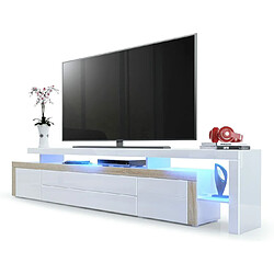 Mpc Meuble TV Laqué Blanc Et Aspect Chêne Mat Avec LED 52 X 227 X 35 Cm