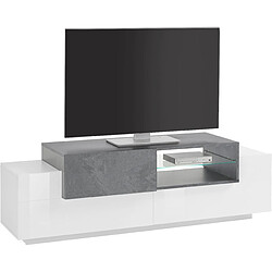 Alter Meuble TV de salon, Made in Italy, Meuble TV avec 3 portes, 160x45h51 cm, couleur Blanc Brillant et Gris Ciment