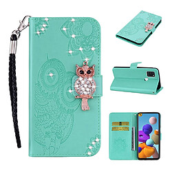Samsung Galaxy A21s Etui hibou vert Etui portefeuille en PU - Décor strass hibou - Support intégré - Compatible Galaxy A21s