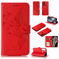 Coque Xiaomi Redmi Note 8 - Rouge Étui portefeuille en PU - Motif plume - Support intégré