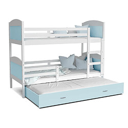 Kids Literie Lit Superposé 3 Places Mateo 90x190 Blanc - bleu Livré avec sommiers, tiroir et matelas en mousse de 7cm