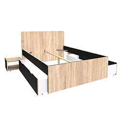 Le Quai Des Affaires Lit double ZENIA 140x190 + 2 chevets + 2 tiroirs / Décor Chêne blanchi & noir pas cher