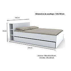 Acheter Le Quai Des Affaires Lit RIGA 140x190cm + tête de lit + 2 tiroirs / Blanc