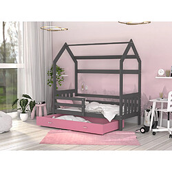 Kids Literie Lit Cabane 2 80x160 Gris - rose Livré avec sommiers, tiroir et matelas en mousse de 7cm