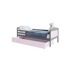 Kids Literie Lit Enfant Mateo 90x190 Gris - rose Livré avec sommiers, tiroir et matelas en mousse de 7cm