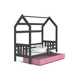 Kids Literie Lit Cabane 2 80x160 Gris - rose Livré avec sommiers, tiroir et matelas en mousse de 7cm