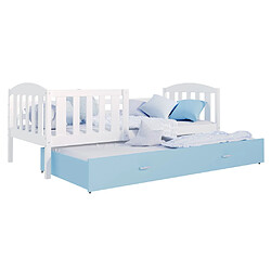 Kids Literie Lit Gigogne Teo 90x190 Blanc - bleu Livré avec sommiers, tiroir et matelas en mousse de 7cm