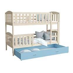 Kids Literie Lit Superposé 3 Places Teo 90x190 Pin - bleu Livré avec sommiers, tiroir et matelas en mousse de 7cm