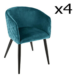 Pegane Fauteuils de dîner - Bleu Canard Velours Lot de 4 fauteuils dîner - Velours bleu canard - Structure acier - Style moderne