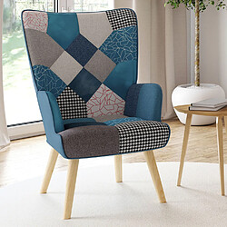 Idmarket MARKET Fauteuil scandinave IVAR - Patchwork Fauteuil scandinave - Patchwork/velours bleu - Rembourré - Pieds bois