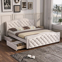 Avis MIVRAY Lit Adulte Double 140x200cm, Tête De Lit Décorée Rivet Avec 2 Tiroirs, Pu, Blanc
