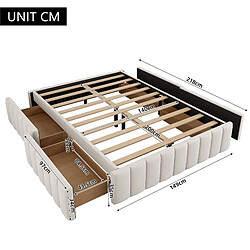 MIVRAY Lit adulte double 140x200 cm, 4 tiroirs et sans tête de lit, Velours, Beige pas cher