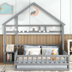 Acheter MIVRAY Lit Cabane adulte 140x200 cm lit double, forme maison avec garde corps et chevet, pin gris
