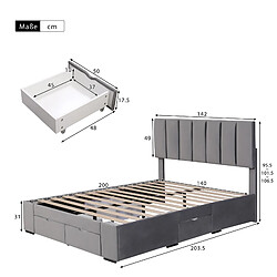 MIVRAY Lit double adulte 140x200 cm, 4 tiroirs de rangement et tête de lit réglable, velours gris pas cher