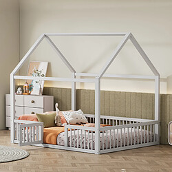 Acheter MIVRAY Lit cabane double 140x200 cm, avec porte et barrière, bois, blanc