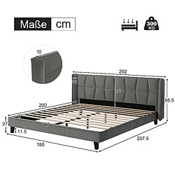 MIVRAY Lit Adulte Double 180x200 Cm Avec Tête De Lit Tapissée Et Sommier à Lattes, Velours, Gris pas cher