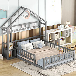 Avis MIVRAY Lit Cabane adulte 140x200 cm lit double, forme maison avec garde corps et chevet, pin gris