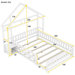 MIVRAY Lit Cabane adulte 140x200 cm lit double, forme maison avec garde corps et chevet, pin Blanc pas cher