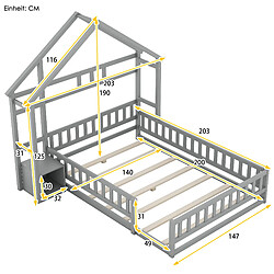 MIVRAY Lit Cabane adulte 140x200 cm lit double, forme maison avec garde corps et chevet, pin gris pas cher
