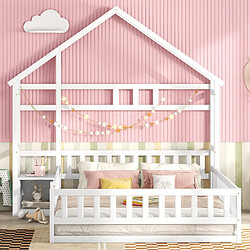 Acheter MIVRAY Lit Cabane adulte 140x200 cm lit double, forme maison avec garde corps et chevet, pin Blanc