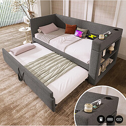 Avis STILVORA Banquette-lit 90/190 cm grise en coton et lin avec lit gigogne et ports USB