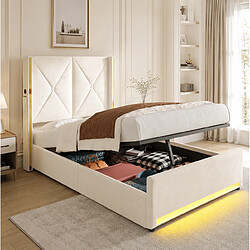 Avis STILVORA Lit coffre 90/200 cm beige en velours avec LED USB et tête de lit haute