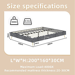 Acheter STILVORA Cadre de lit 160/200 cm gris en tissu et métal avec matelas inclus
