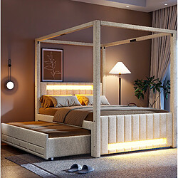 Avis STILVORA Lit à baldaquin 140/200 cm beige en lin et MDF avec LED lit gigogne