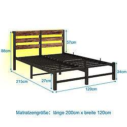 Acheter STILVORA Lit 120/200 cm noir et brun en métal et bois avec LED et USB