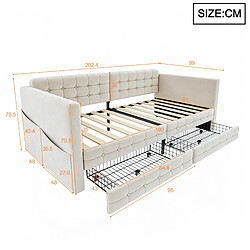 Acheter STILVORA Banquette-lit 90/190 cm beige en velours avec tiroirs et poches latérales