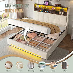 Avis STILVORA Lit coffre 160/200 cm beige en métal et velours avec tête de lit multifonction
