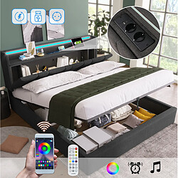 STILVORA Lit rembourré 140/200 cm gris en lin avec tête de lit rangement LED USB pas cher
