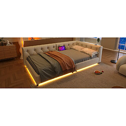 STILVORA Lit de jour 90/200 cm beige en lin avec LED et ports USB Type-C pas cher