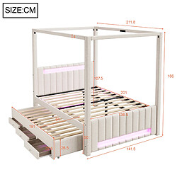 Acheter STILVORA Lit à baldaquin 140/200 cm beige en lin et MDF avec LED lit gigogne