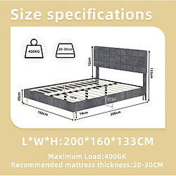 Acheter STILVORA Lit double 160/200 cm gris en tissu et métal avec tête de lit matelassée