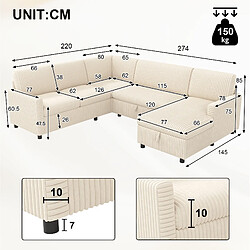 Acheter STILVORA Canapé d'angle U 274/220/85 cm beige en gros velours côtelé convertible