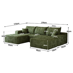Acheter STILVORA Canapé d’angle 270 cm vert en tissu avec méridienne modulable