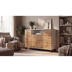 Avis Stiv-Meubles Commode Blanc + Chêne Wotan 120 cm 4 Portes - Meuble TV Moderne pour Salon et Chambre - Buffet de Rangement Design