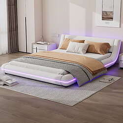 Acheter HAUSS SPOLE Lit bas 140 × 200 cm, lit double avec LED réglable, structure stable en PU et MDF, idéal pour chambre moderne, design blanc, sans matelas
