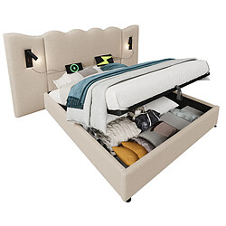 Lit Coffre Double 160x200 cm Modenvie avec USB-C et lampe de lecture Beige pas cher